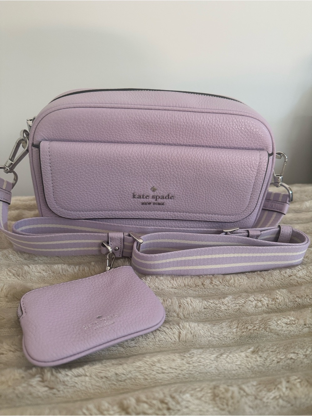 kate spade Lilac Pebbled Leather Crossbody with Striped Strap